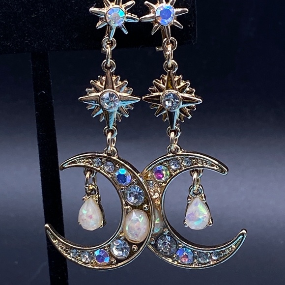 Celestial Opal AB Rhinestone Earrings Gold Tone Pierced Long Dangle - Picture 4 of 10